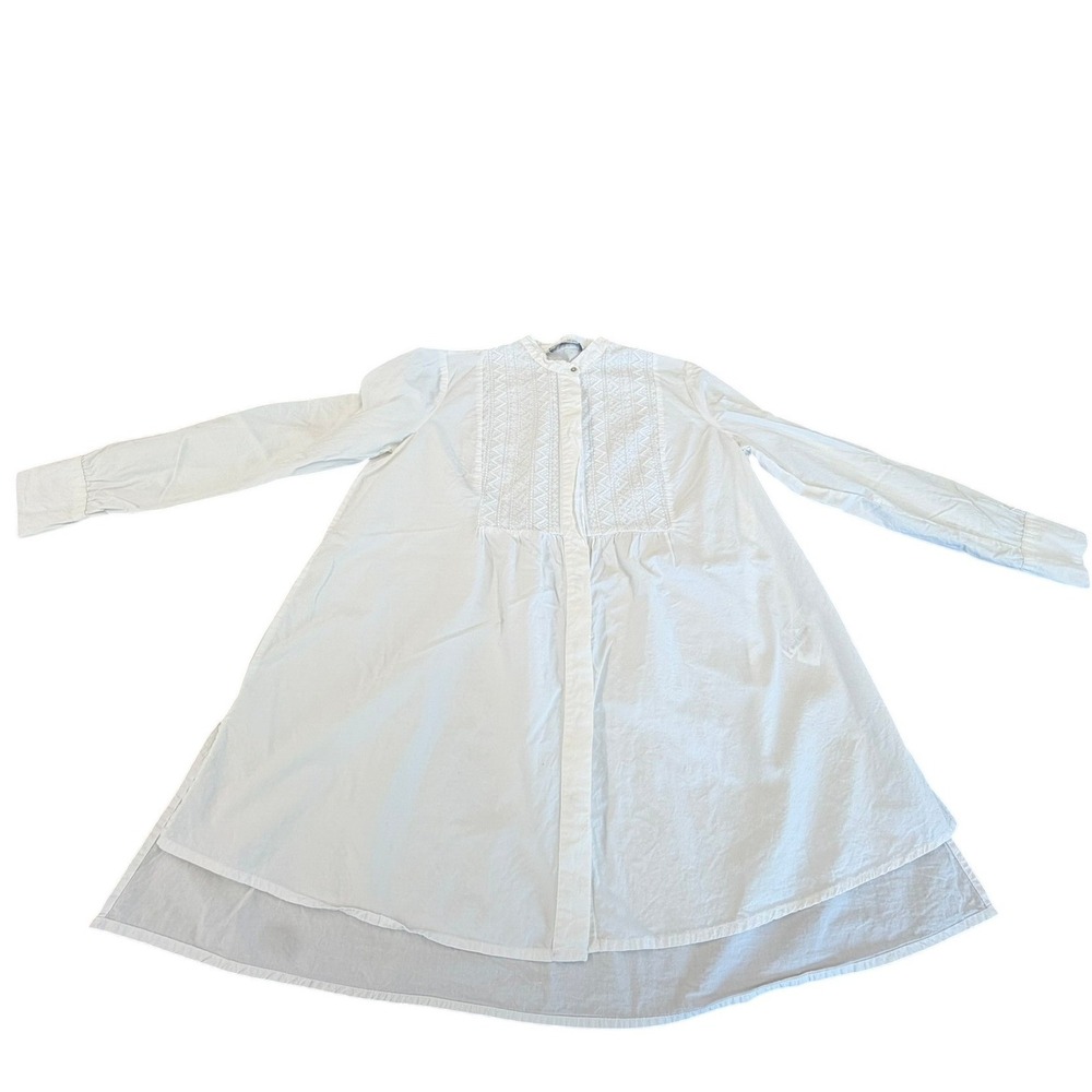 Zara White Embroidered Bib Tunic Shirt Band Collar High Low Hem Size M READ!!
